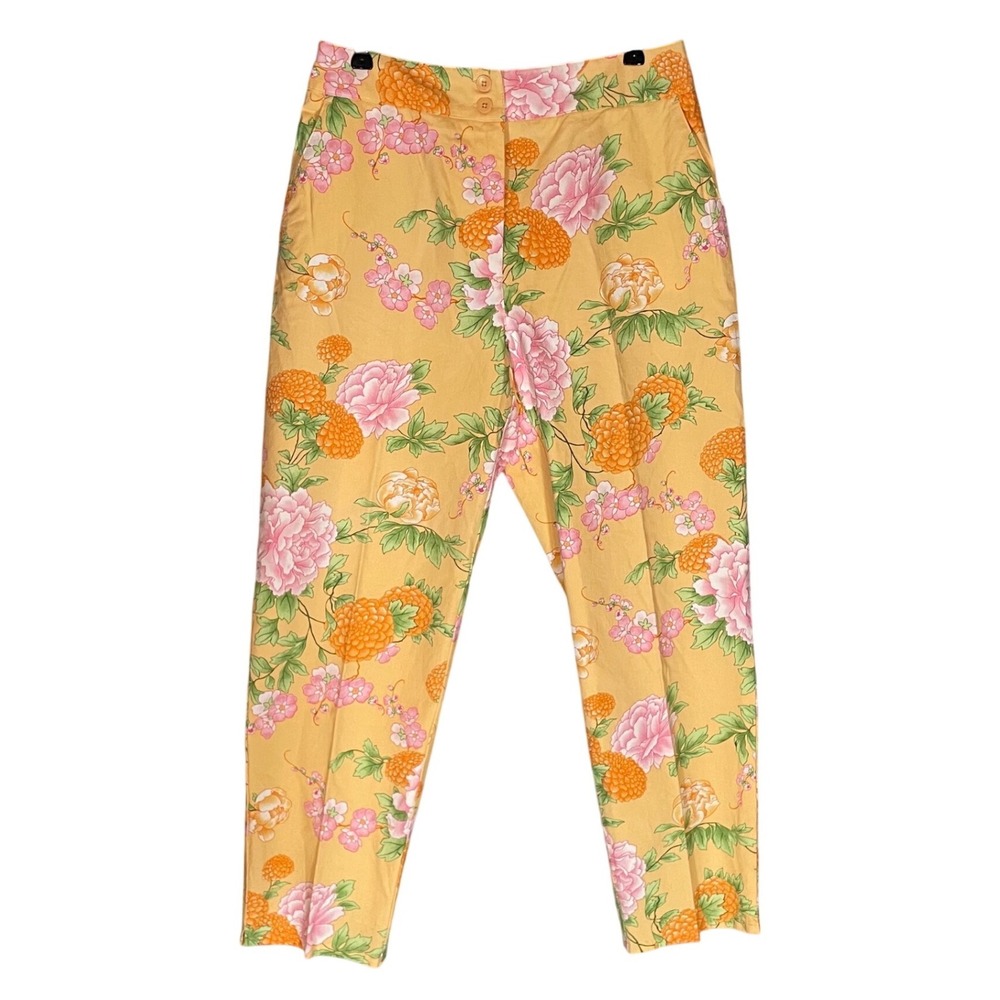 VTG Talbots Yellow Floral Stretch Ankle Pants 10 Slim Tapered Cotton Cottagecore